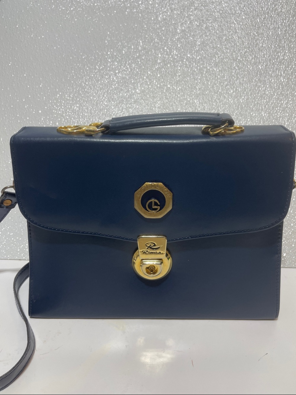 Vintage Roman Structured Navy Leather Crossbody Bag with Gold Hardware